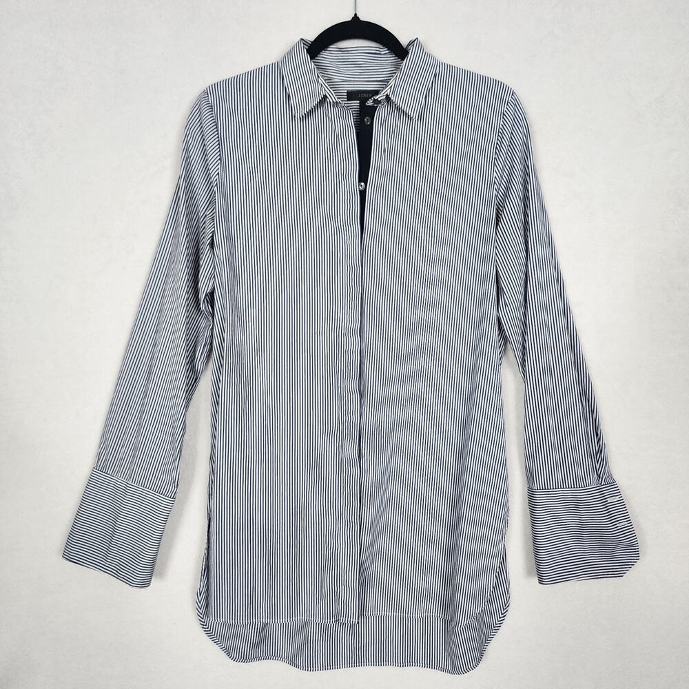 J Crew Poplin Shirt Dress Blue White Pinstriped Button Down Wide Cuff Womens 6